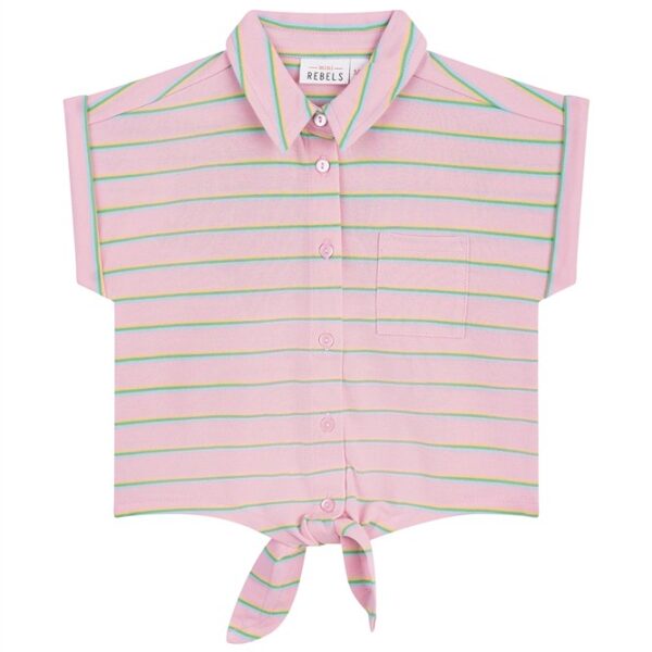 Roze gestreept meisjesshirt met groene lijnen en strikdetail onderaan van merk Rebels