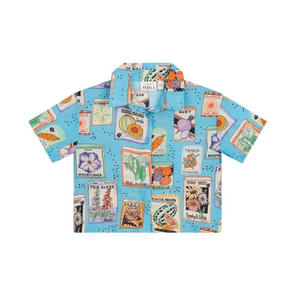 Blauw cropped overhemd met vintage zaadpakket print in vrolijke kleuren