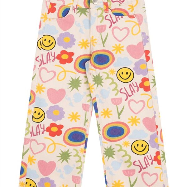 Witte kinderbroek met kleurrijk retro patroon van smiley's, bloemen, hartjes en regenbogen