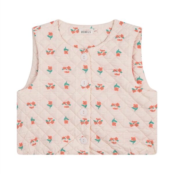 Roze gevoerd gilet voor kinderen met bloemenmotief en knoopsluiting van Little Rebels