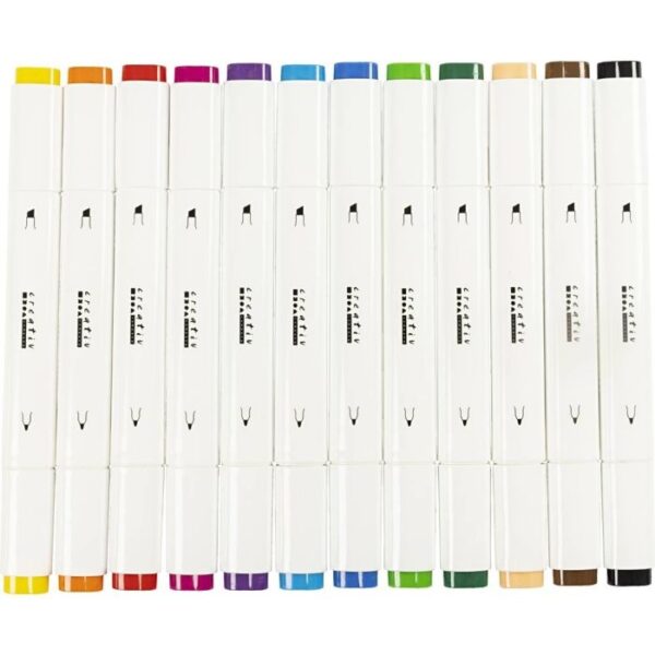 Rij van twaalf witte whiteboard markers met gekleurde doppen in regenboogkleuren op een rij
