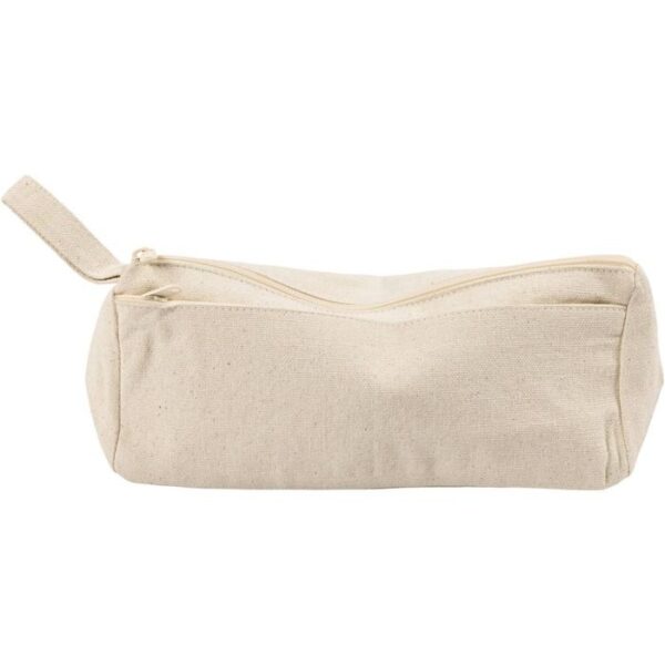 Beige canvas etui met rits en handige polsband op witte achtergrond
