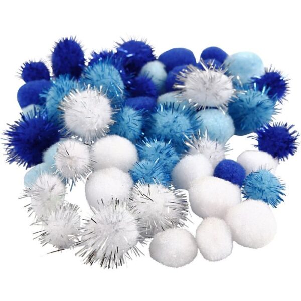 Knutselset met blauwe, witte en lichtblauwe pompons in verschillende maten en texturen