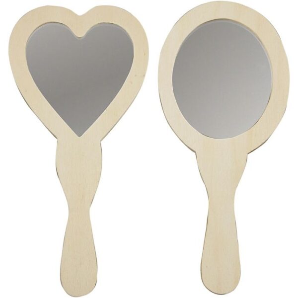 Houten handspiegels met hartvorm en ronde vorm in natuurlijke beige kleur op witte achtergrond