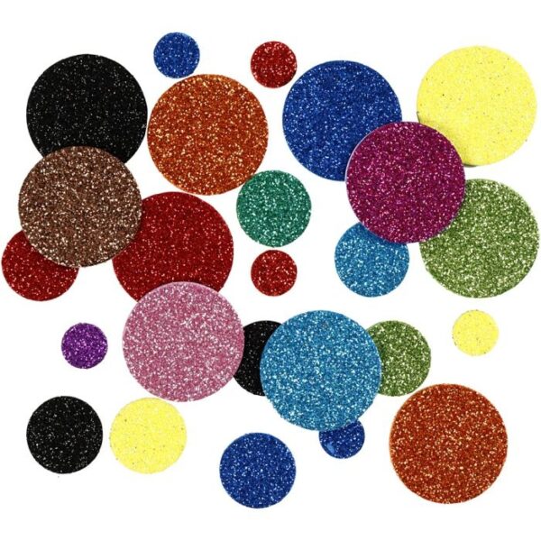 Kleurrijke glitter cirkels in verschillende maten op witte achtergrond voor knutselmateriaal