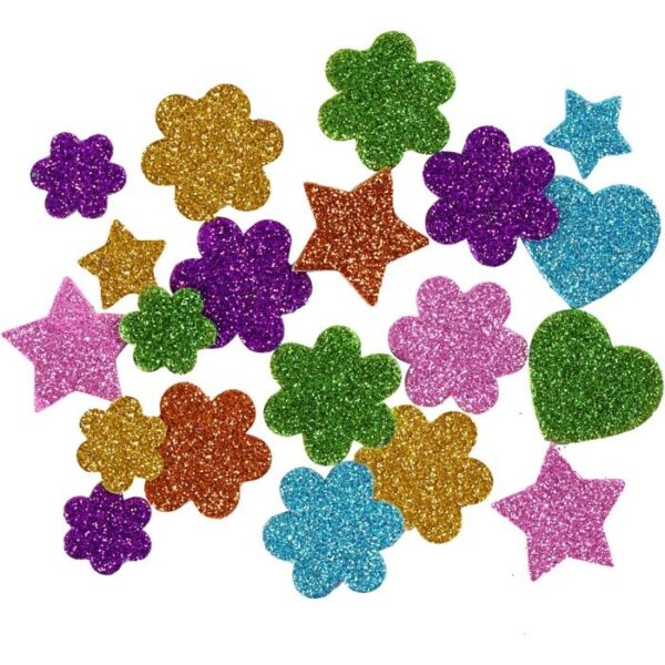 Kleurrijke glitter foam stickers in vormen van sterren, bloemen en hartjes voor knutselprojecten