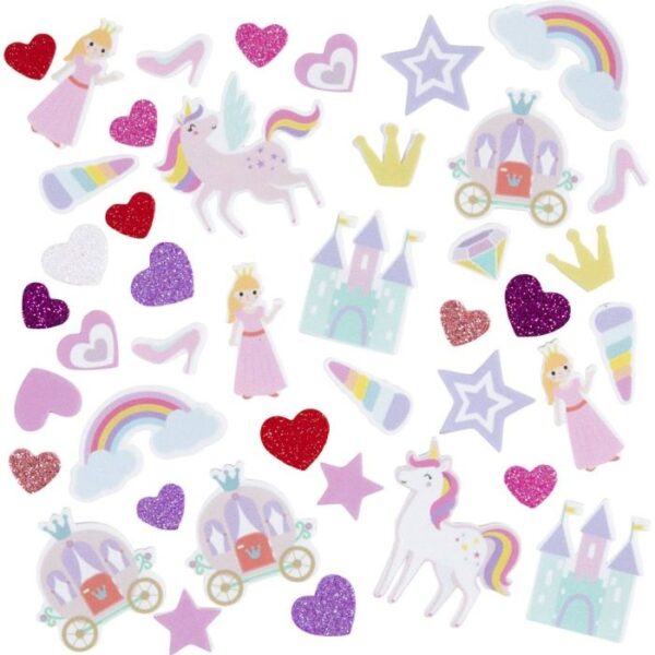 Sprookjesachtige stickerset met prinsessen, eenhoorns, kastelen, regenbogen en glitter hartjes in pastelkleuren