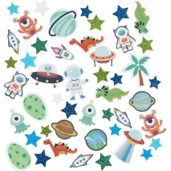 Kleurrijke ruimte stickers met astronauten, planeten, aliens, dinosaurussen en glittersterren voor kinderen