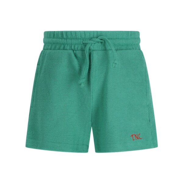 Groene badstof shorts met elastische tailleband en rood geborduurd logo voor kinderen