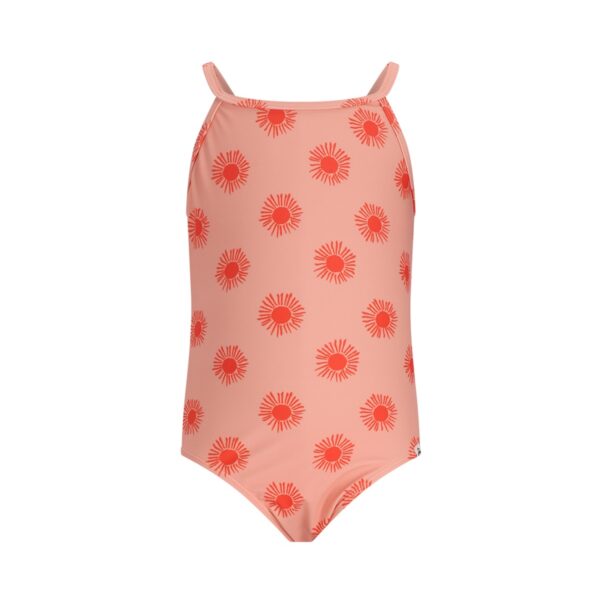 Roze meisjes badpak met rode zonneprint en spaghettibandjes
