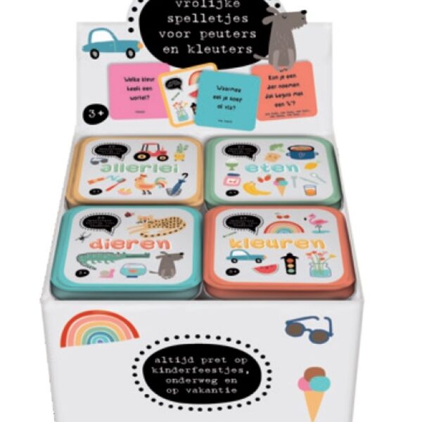 Kleurrijke spelletjesdoosjes voor peuters en kleuters met thema's allerlei, eten, dieren en kleuren in displaydoos