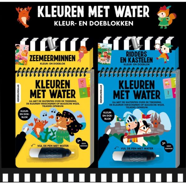 Waterkleurboeken met herbruikbare kleur- en doeblokvellen over zeemeerminnen en ridders met bijbehorende magic water pens
