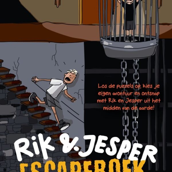 Boekcover Rik en Jesper Escapeboek met illustraties van personages in kerker en kooi met puzzels en avontuur