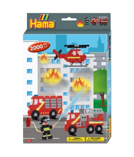 Hama strijkkralen set brandweer met 2000 kralen, brandweerwagen, helikopter en brandend gebouw