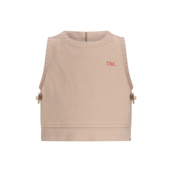 Beige mouwloos crop top met rood INC. logo en zijstrikjes voor kinderen