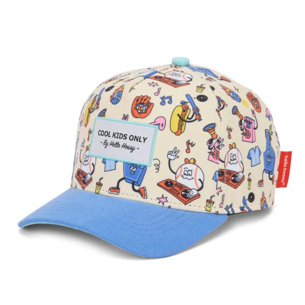 Kleurrijke kinderpet met muziekprint en tekst Cool Kids Only, blauwe klep van Hello Hossy