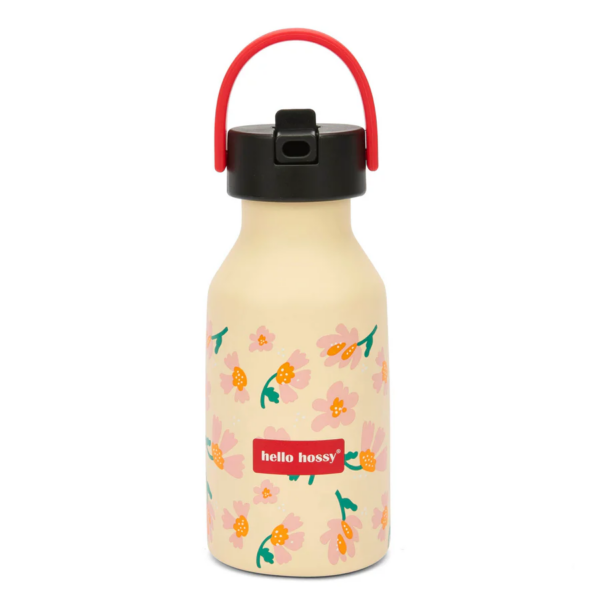 Cremekleurige drinkfles met roze bloemenprint, zwarte dop en rood handvat van hello hossy