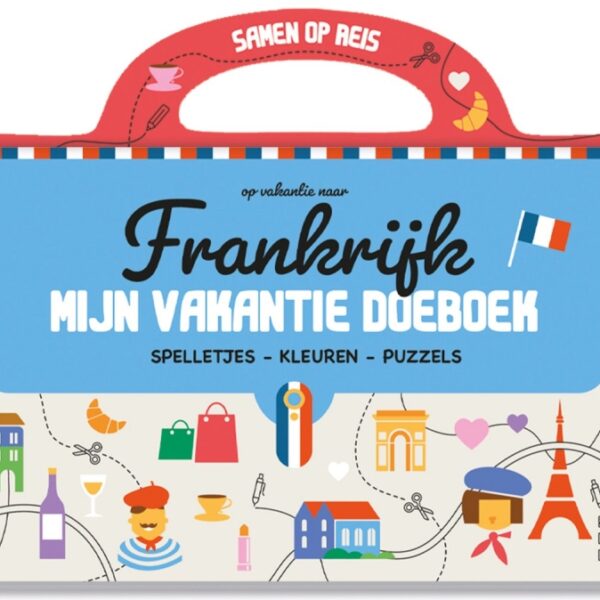 Kinderactiviteitenboek Frankrijk met spelletjes, kleuren en puzzels voor op vakantie met handgreep