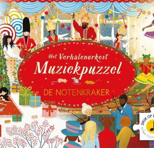 Kleurrijke illustratie van De Notenkraker muziekpuzzel met dansende personages, kerstboom en feestelijke decoratie