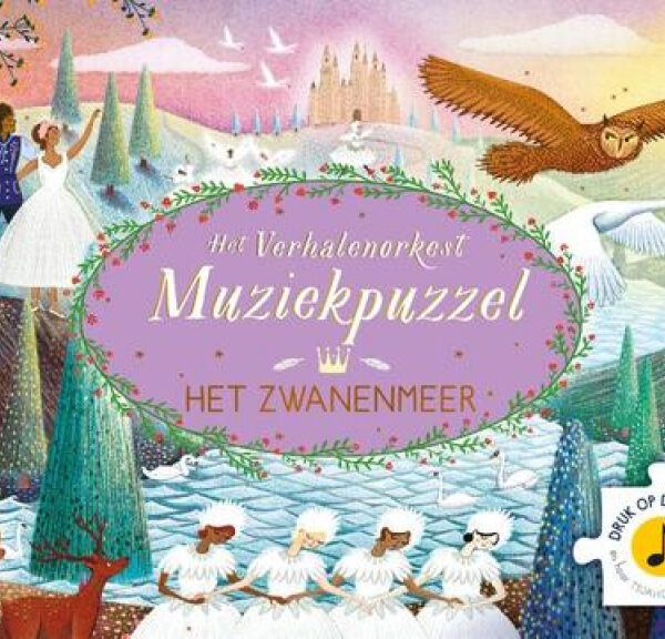 Muziekpuzzel kinderboek met Het Zwanenmeer thema, illustratie met dansers, zwanen en sprookjeskasteel