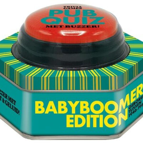 Pubquiz trivia game met buzzer Babyboomers Edition in turquoise blikken doos met rode drukknop