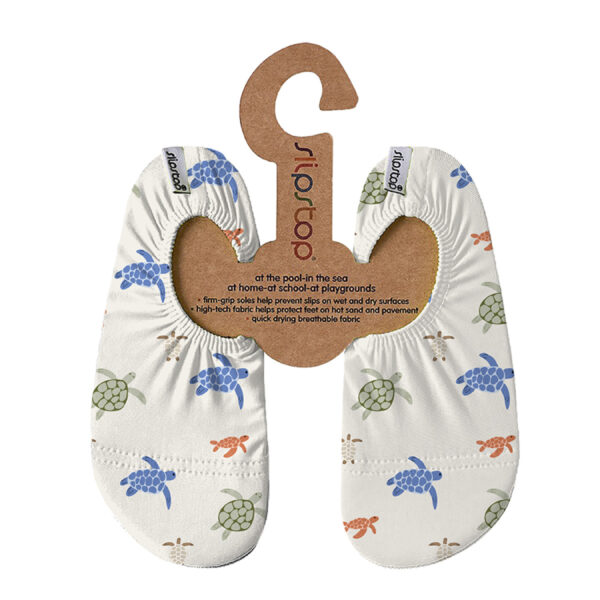 Slipvaste waterschoenen voor kinderen met kleurrijke zeeschildpadden print aan kartonnen label