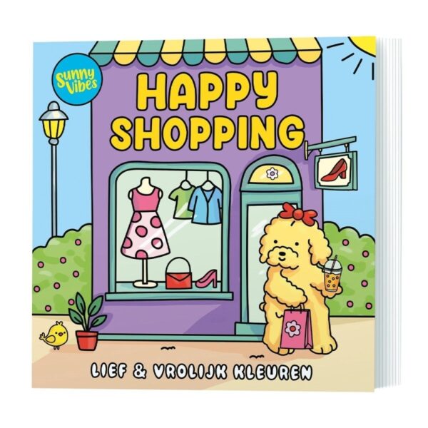 Kinderboek Happy Shopping van Sunny Vibes met vrolijke hond voor een kledingwinkel met jurk en schoenen