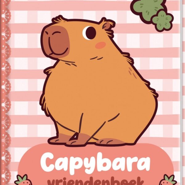 Capybara vriendenboek met roze gestreepte achtergrond en aardbeien decoratie