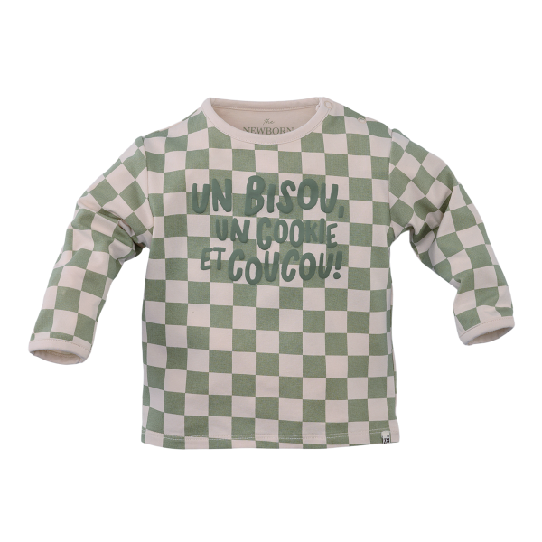 Groen en beige geblokt kinder longsleeve shirt met Franse tekst