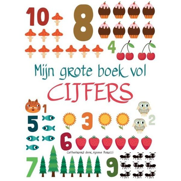 Educatief kinderboek met kleurrijke cijfers van 1 tot 10 en bijbehorende objecten zoals dieren en fruit