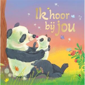 Kinderboek cover met pandabeer en baby panda in bloemenweide bij zonsondergang met titel 'Ik hoor bij jou