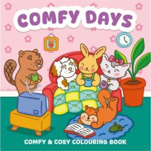 Kleurboek Comfy Days met schattige dieren die ontspannen op de bank met koffie en een boek