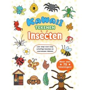 Kawaii tekenboek met schattige insecten zoals bijen, vlinders en mieren om stap-voor-stap te leren tekenen