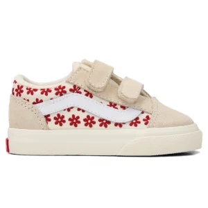 Beige Vans kindersneaker met klittenband en rood bloemenpatroon op zijkant