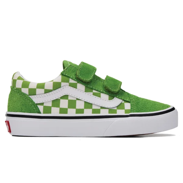 Groene en witte geblokte Vans Old Skool sneaker met klittenband voor kinderen