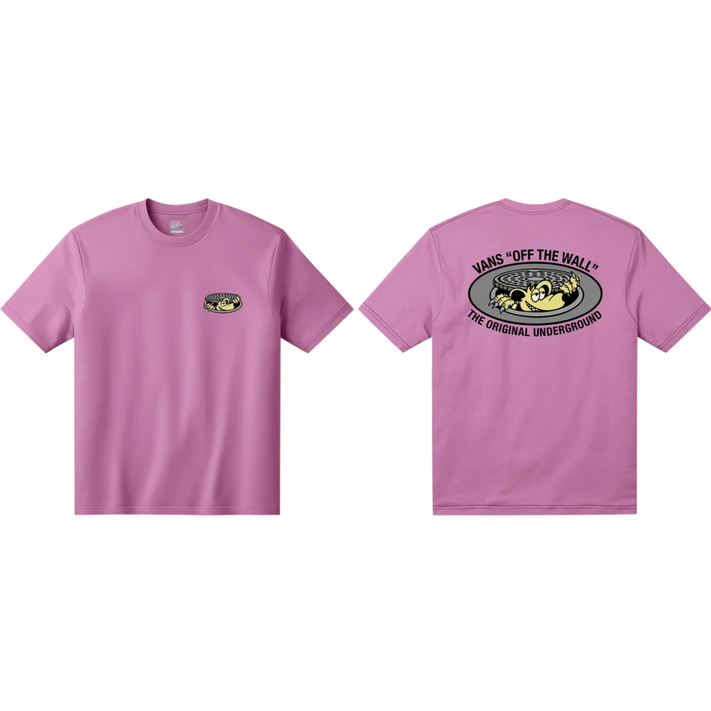 Roze Vans T-shirt met Off The Wall logo op borst en grote skateprint met tekst op achterkant