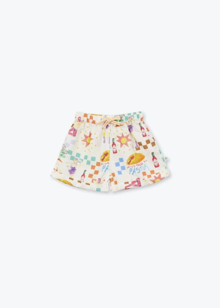 Kinderrokje met kleurrijk zomerprint van ijsjes, bloemen en fruit op witte achtergrond