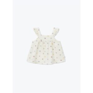 Crèmekleurig babyjurkje met bloemetjesprint en ruffle schouderbandjes