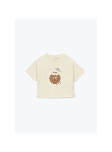 Crèmekleurig kinder t-shirt met bruine kokosnoot print en gele zon details