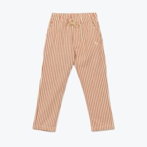 Kinderbroek met oranje en witte verticale strepen en koordjes aan de taille