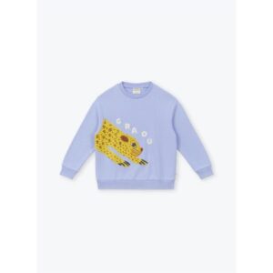 Lichtblauwe kindersweater met gele luipaard applicatie en Grr-tekst