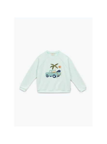 Mintgroene kindertrui met lange mouwen en surfbus met palmboom print