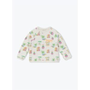 Witte kindertrui met vrolijke print van palmbomen en gekleurde huisjes