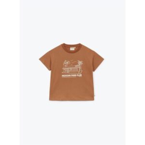 Bruin kinder T-shirt met witte opdruk van zwembad en palmboom en tekst Weekend Pool Club