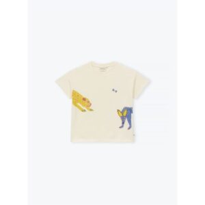 Crèmekleurig kinder T-shirt met glitter luipaard prints in geel en blauw