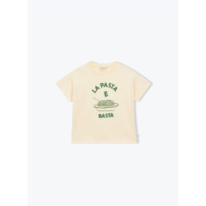 Geel kinder T-shirt met groene opdruk La Pasta è Basta en pasta-illustratie