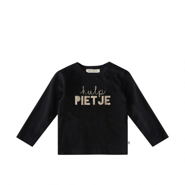 Zwart kindershirt met lange mouwen en gouden opdruk 'hulp Pietje' voor Sinterklaas