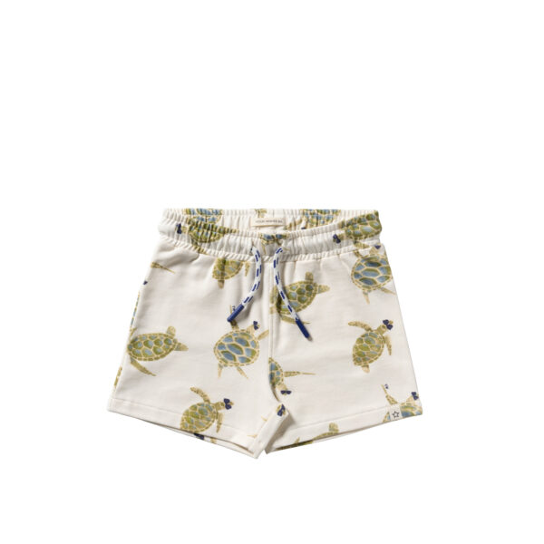 Witte kinderswembroek met groene schildpadden print en blauwe koordjes