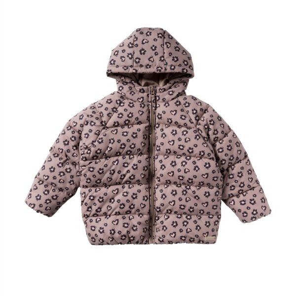 Gewatteerde kinderjas met capuchon in taupe met zwart luipaardprint