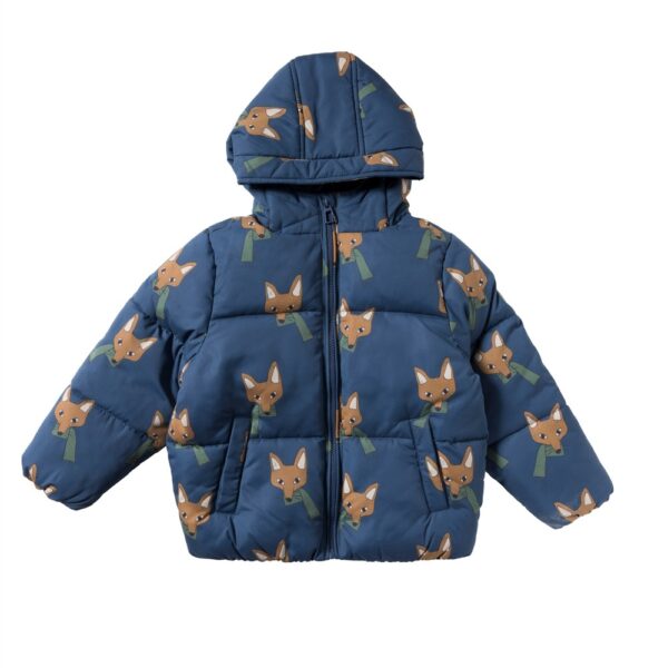 Blauw gewatteerd kinderjas met vossenprint en capuchon